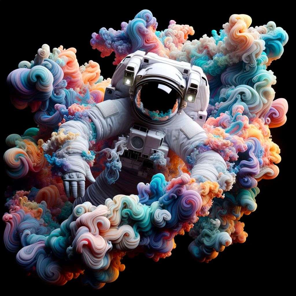 an astronaut made of very detailed curling wispy glowing multicolored smoke, digital art, volumetric, 3D render, Octane render